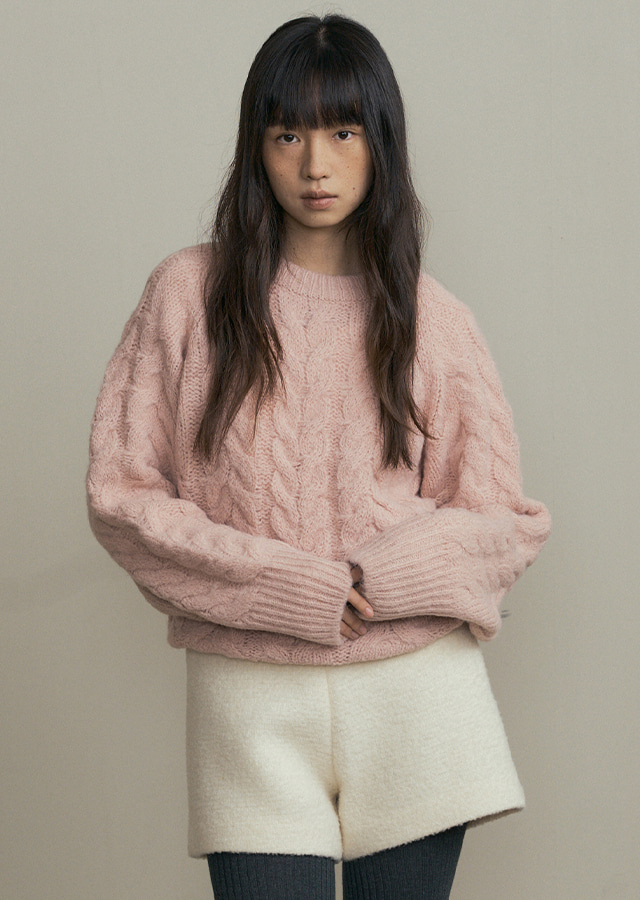 cable round knit top-pink