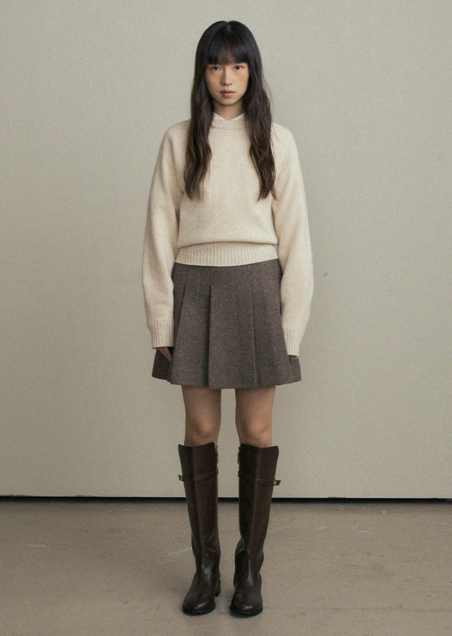 wool pleated short skirt-brown
