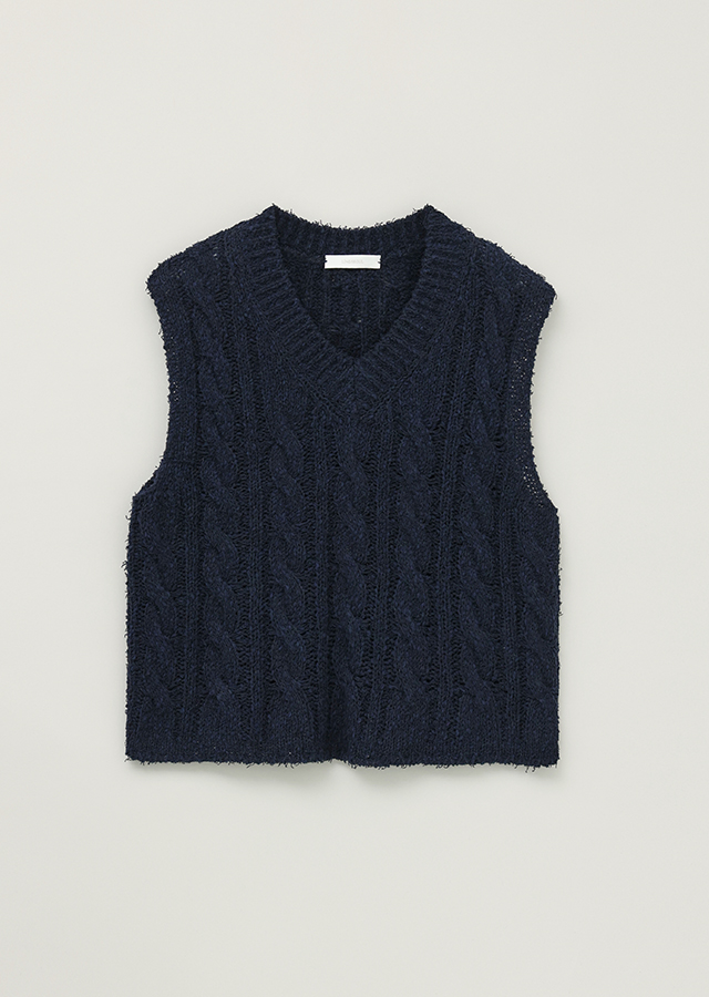 cable cotton blended knit vest-navy